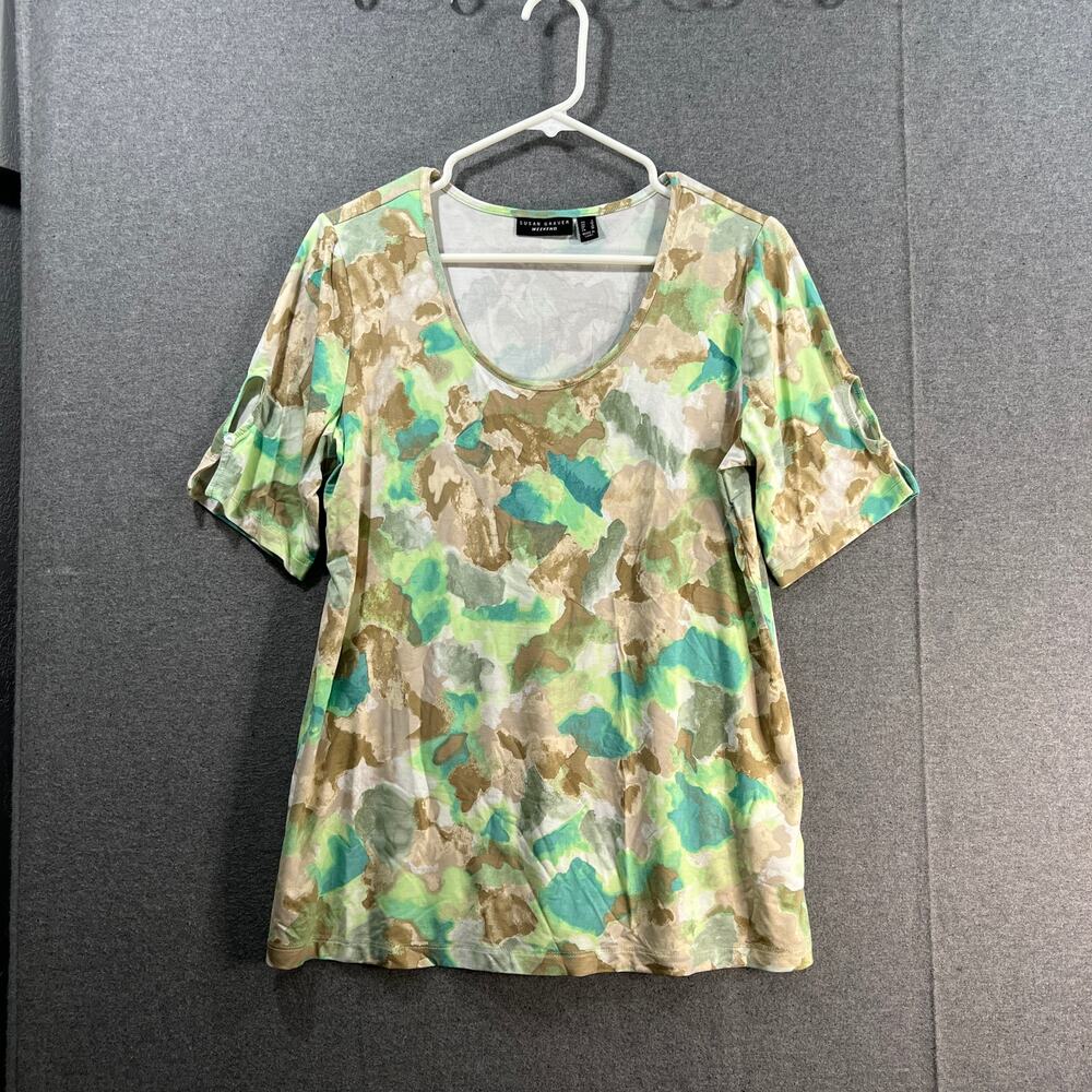 Susan Graver Weekend Printed Cool Touch Elbow-Sleeve Top Jade/Neutral Small